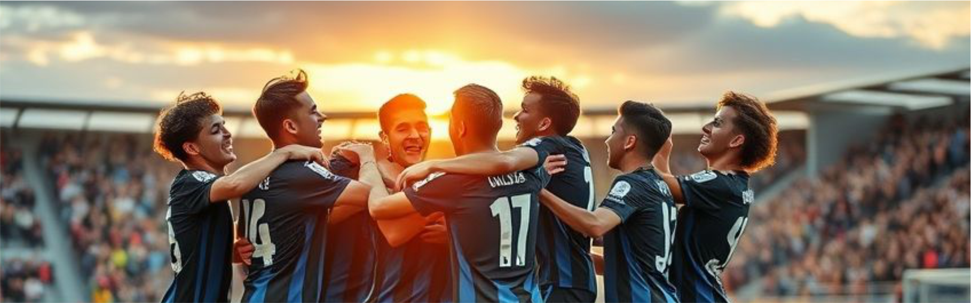 Estadio de fútbol lleno de aficionados con el equipo celebrando un gol